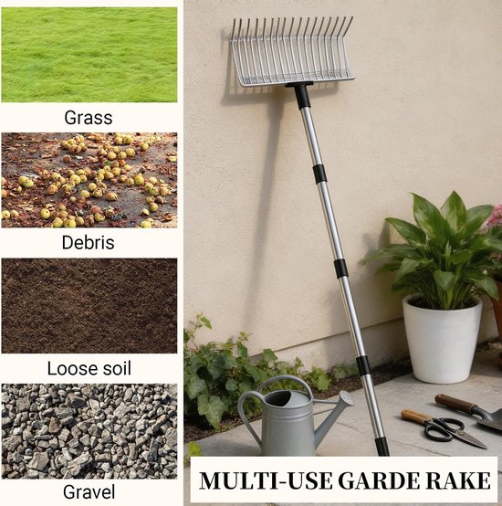 53-160 cm, verstelbare bladhark, gazonhark, 21 tanden, metalen rekenkop, 40 cm breed, tuinhark voor het losmaken van grond en nivelleren van gazon, bladbezem, gazonhark, hooihark — afbeelding 5