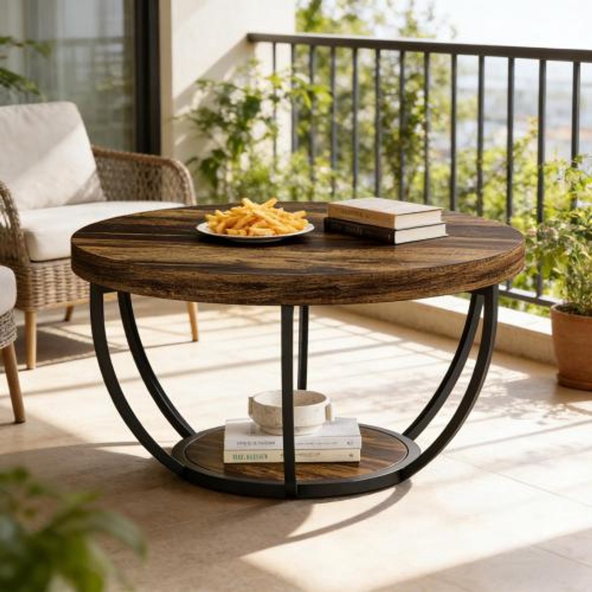 COVREO Salontafel 80 x 80 x 44 cm rustic, van hout en metaal, 2 lagen