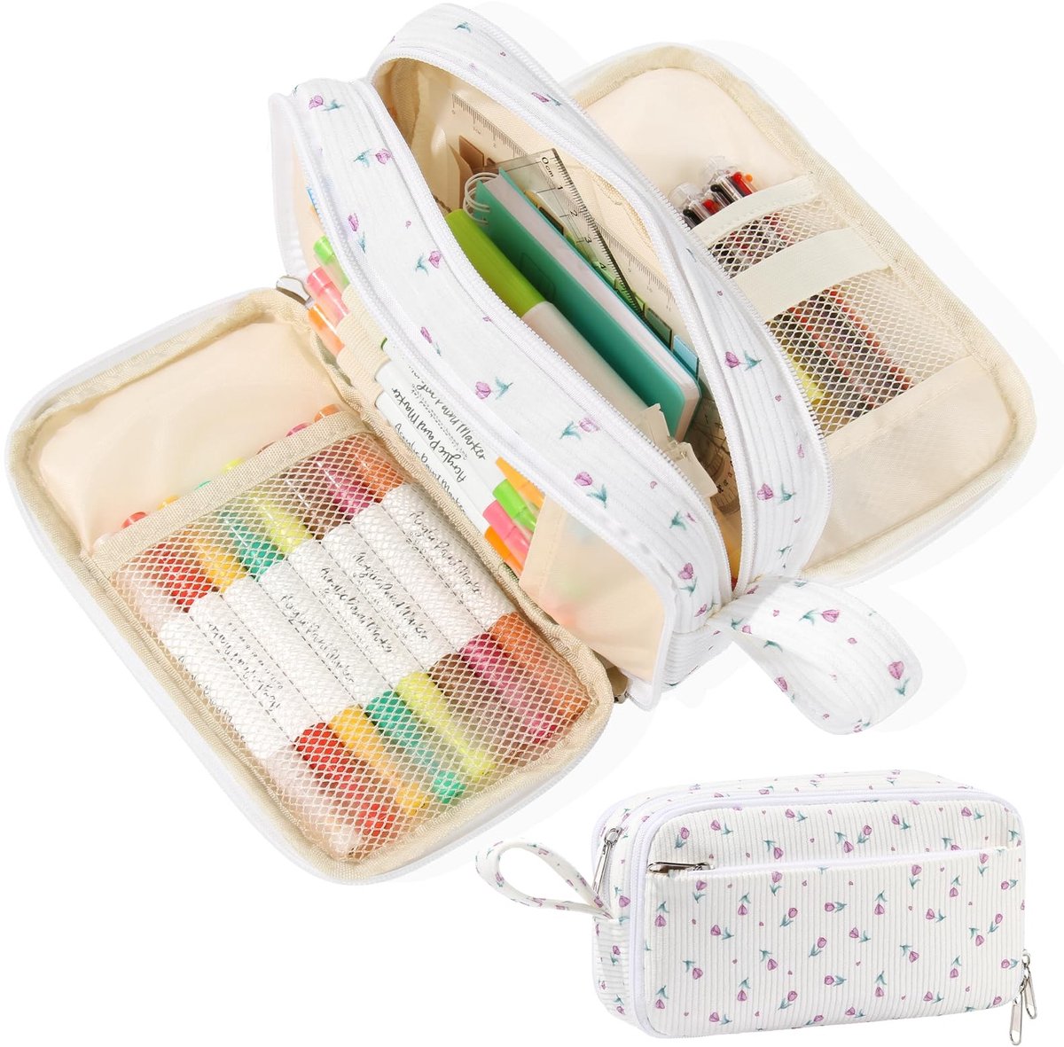 Omgoods - Grote Capaciteit Pennenzak - Kawaii Organiser in Paars Floral