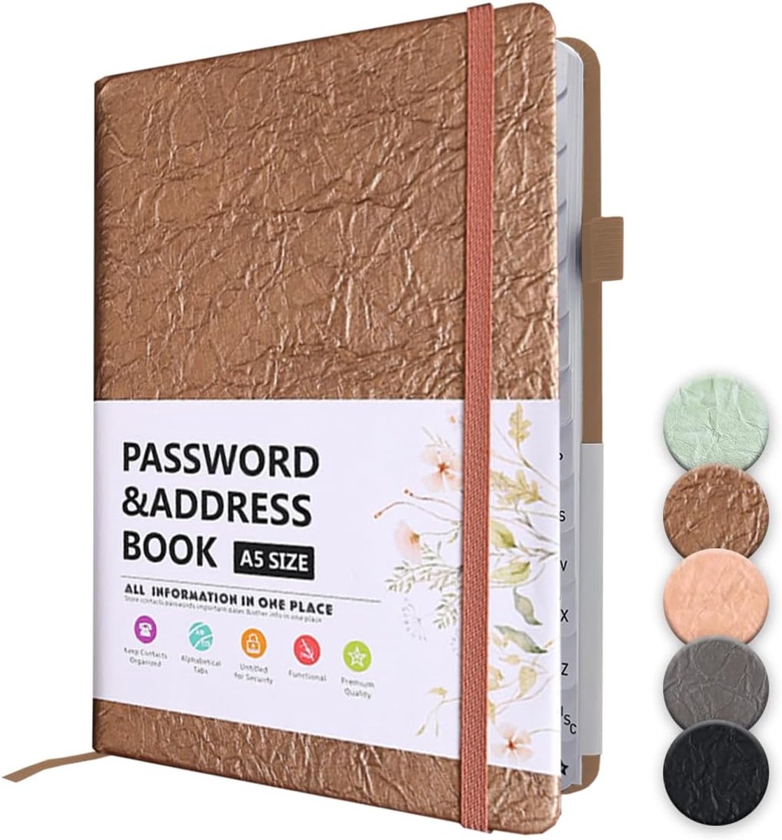 Wachtwoordboek met alfabetische tabs, adresboek B6 met register A-Z wachtwoorden, notitieboek, wachtwoordmanager, ruimte voor 480 wachtwoorden, met penlus, binnenvak, elastiek (19 x 13 cm