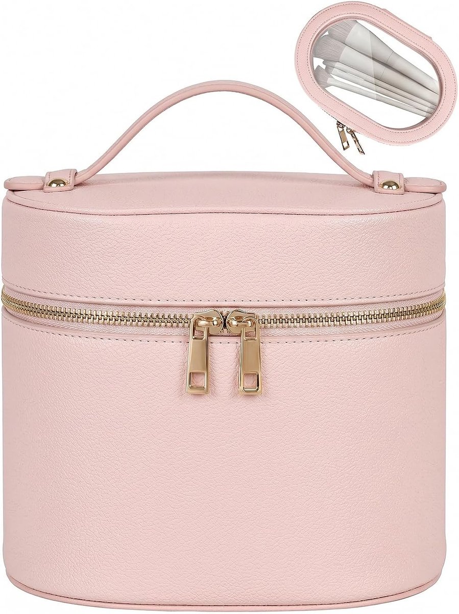 2-delige set Vrouwen toilettas, Vanity, draagbare, hardlederen toilettas met uitneembare scheidingswand en borstel, Roze, 20 x 14,5 x 16 cm