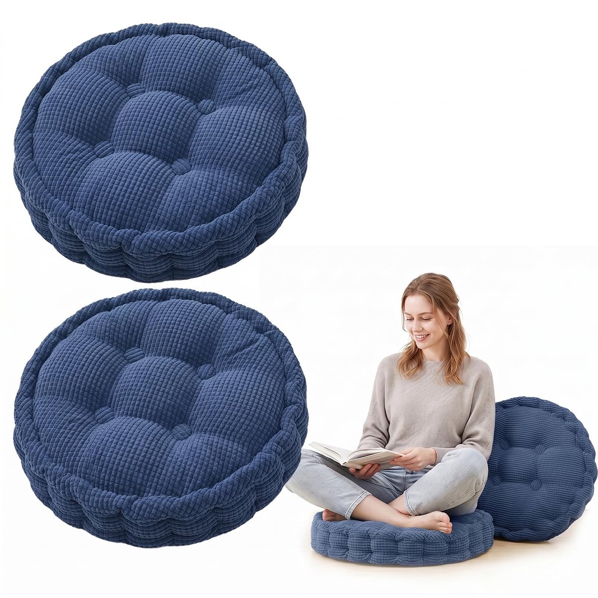 Omgoods - Set van 2 Ronde Stoelkussens 40 x 40 cm - Dikke Zittingen voor Binnen en Buiten (blauw)