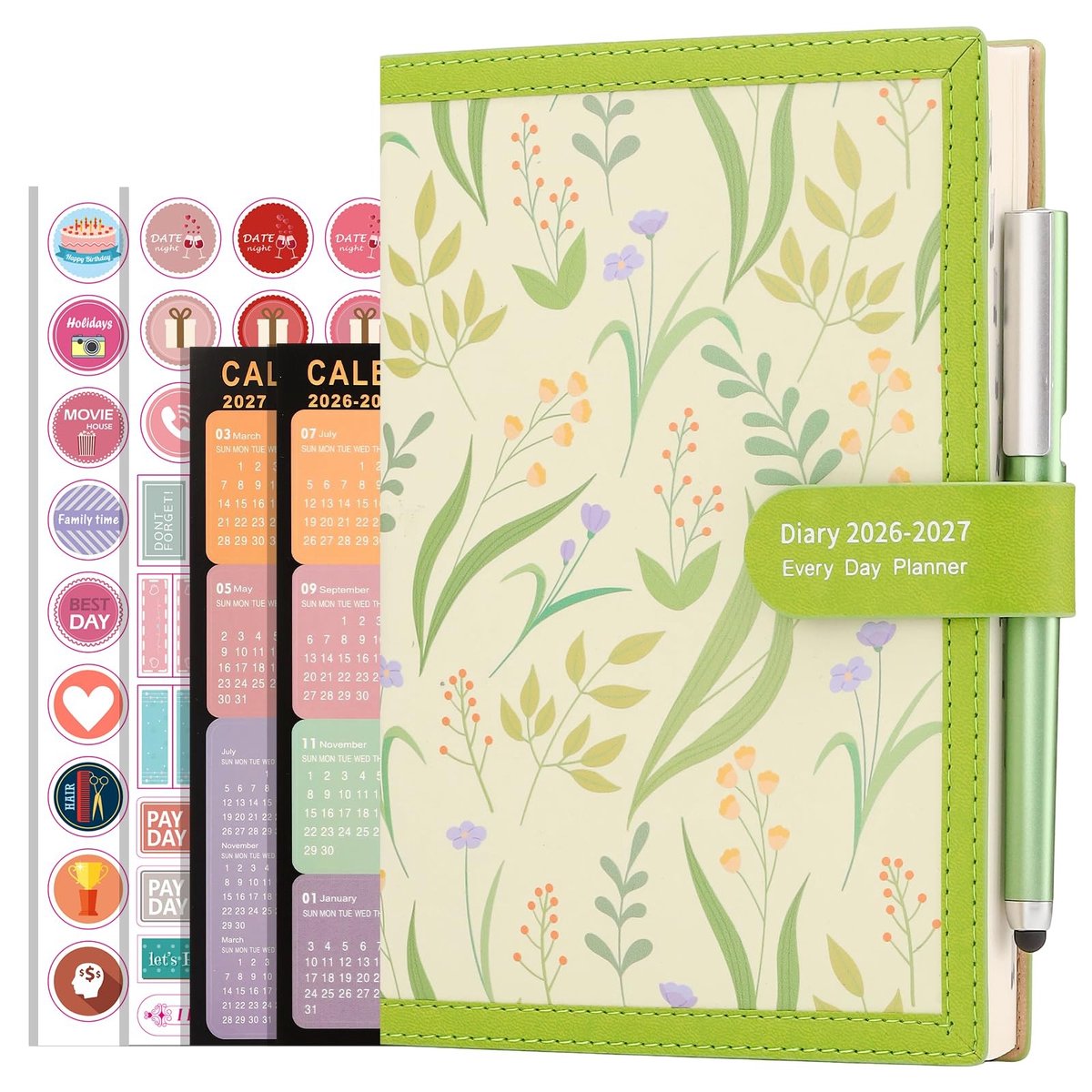 Omgoods- Dagplanner A5 2026/2027 - 1 Dag per Pagina - Zachte Kaft - Inclusief Pen/Stickers - 80gsm Papier - Unieke Doelenpagina's - Agenda