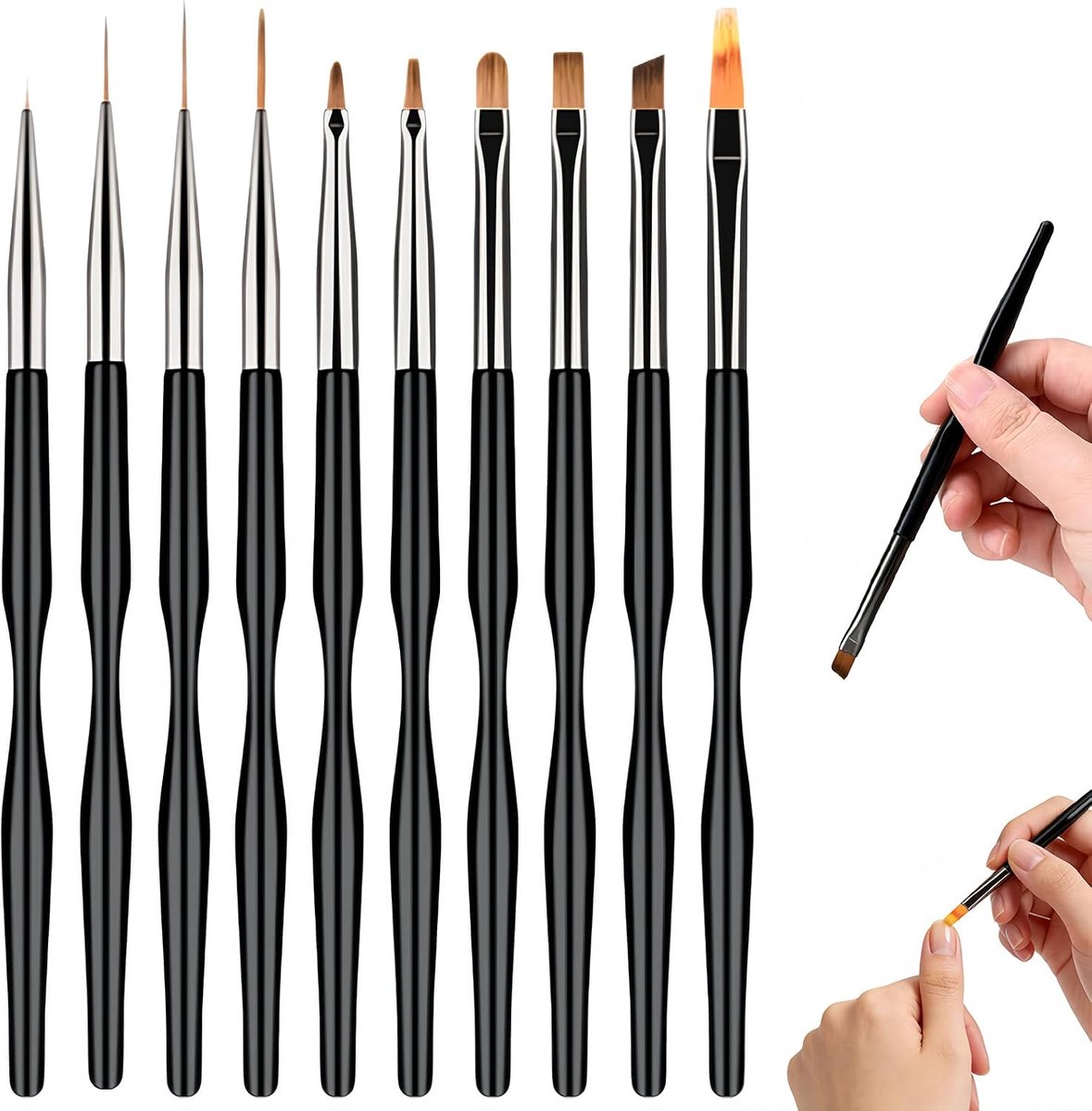 Art Penselen Set – 10 Professionele Nail Design Tools – Fine Liner, Franse Tip, Ovale Penselen, Perfect voor Gedetailleerde Nagelkunst, Geschikt voor Thuis en Salon Gebruik