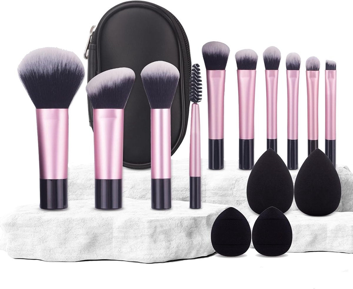 borstel set, 14PCS Mini make up gereedschap, Zwart | met spons, poederdop, borstel reiniger, professionele gezicht borstels voor funderings poeder concealer oogschaduw blush