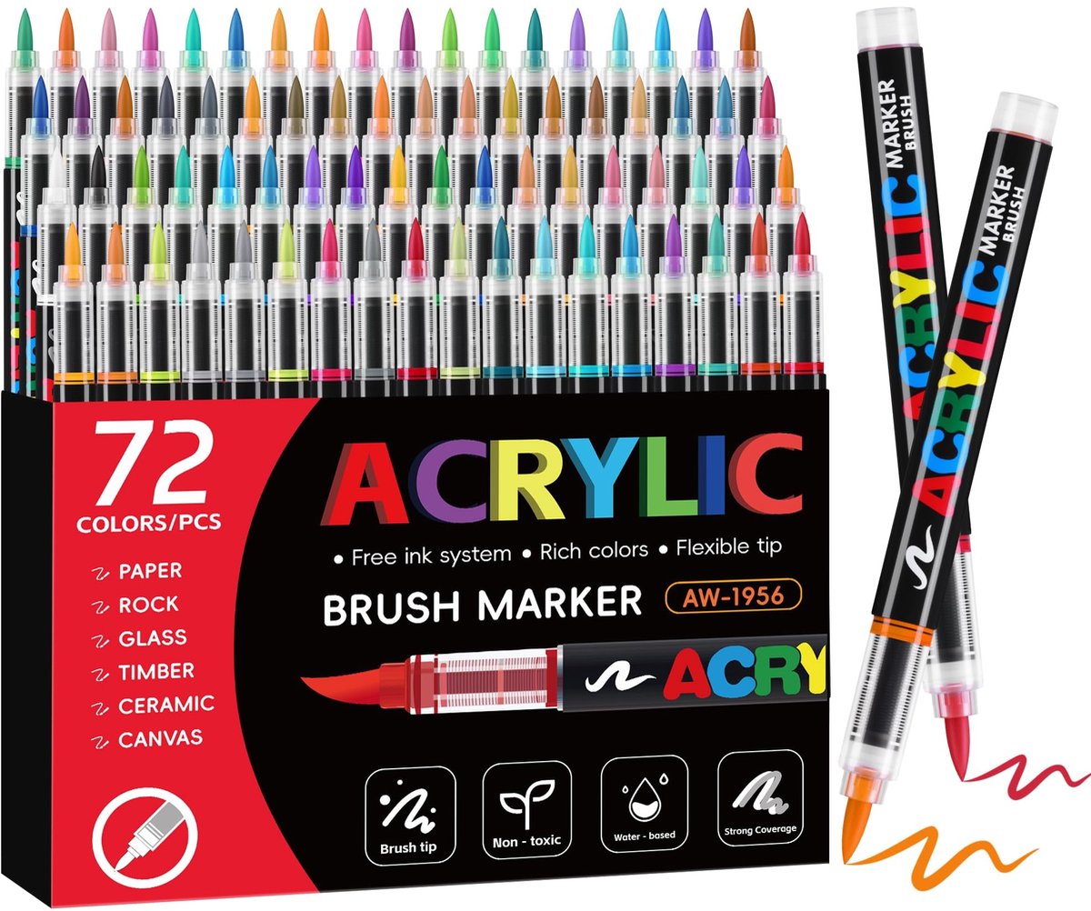 Omgoods - 72 Kleuren Acrylstiften met Penseelpunt - Permanente Acrylmarkers voor Kunstenaars