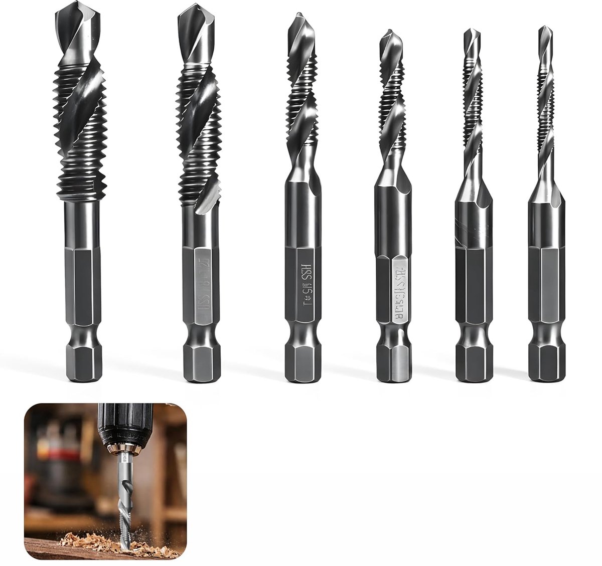 Set van 6 gecombineerde draadtappen M3 M4 M5 M6 M8 M10 met zeskantstaaf 6 mm, draadtappenset, draadtap, machinedraadtap, roestvrij omhulsel, voor gelijktijdig boren en draadtappen