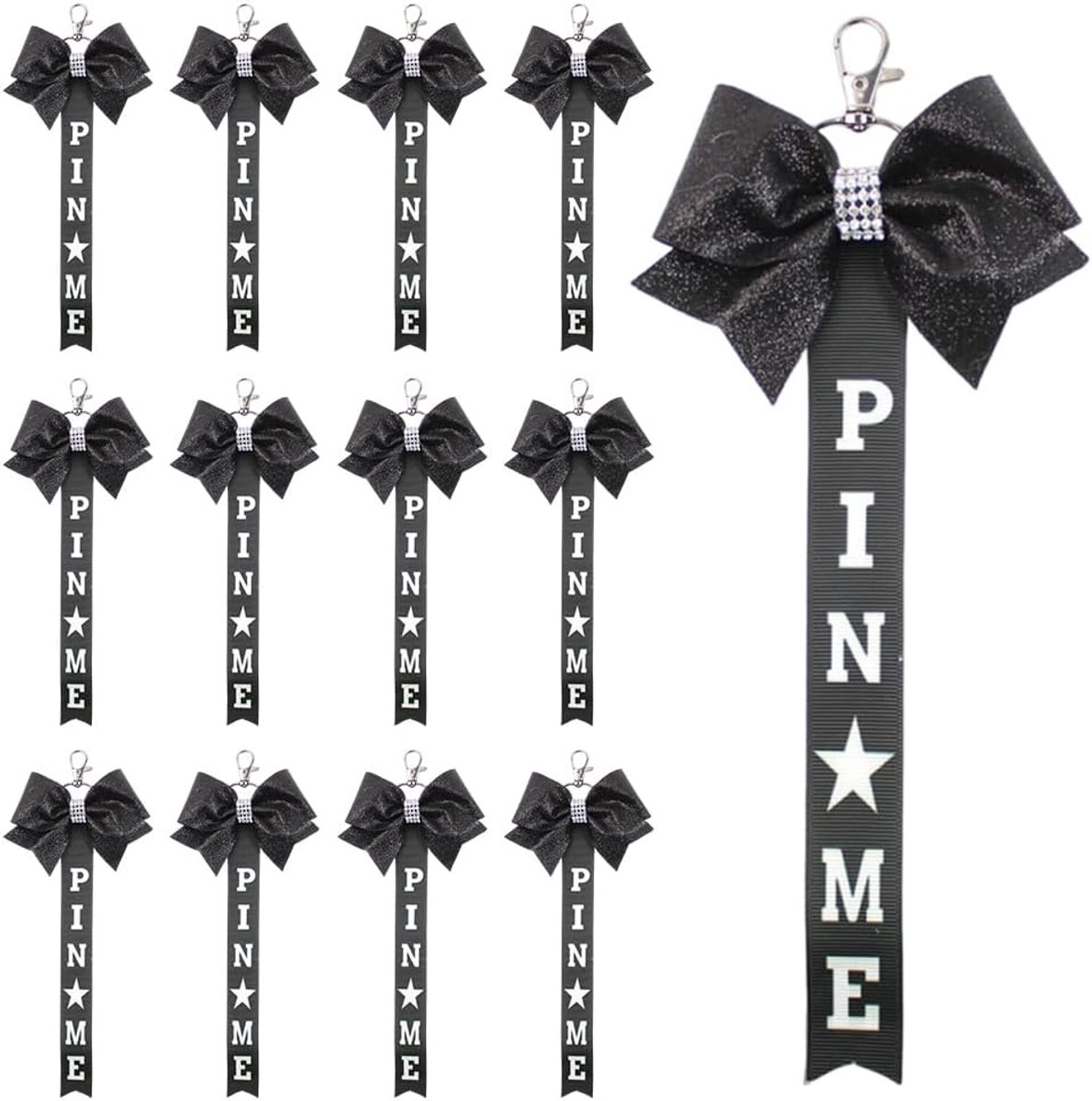 12 stuks Cheer Pin Me Ribbon cheerleader Strap Sleutelhanger met strass Glitter Cheer Bow voor cheerleader, tas, rugzak