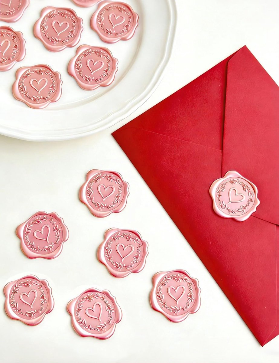 25 stuks Wax Seal Stickers, Zelfklevende Waszegel met Hart en Olijftak reliëf, Lakzegels voor Envelop Bruiloft Uitnodiging Verjaardag Cadeauverpakkingen Decoratie (Roze)