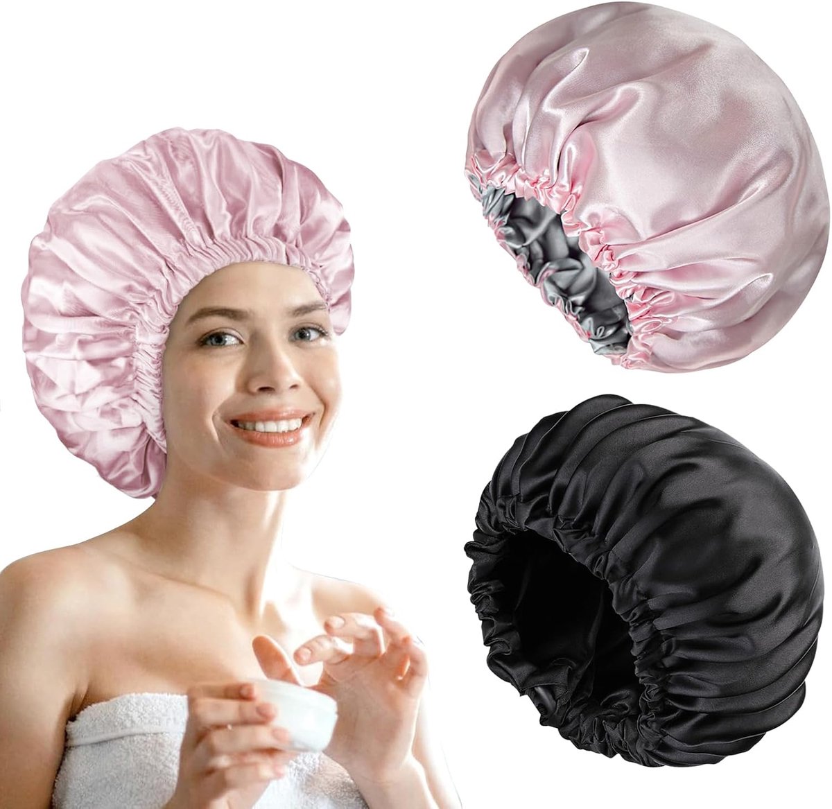 2 Stuks Krullend Haar Satijnen Bonnet Hoed, Slaapmuts, Verstelbare Brede Haarkap Voor Dames en Meisjes (Roze, Zwart)