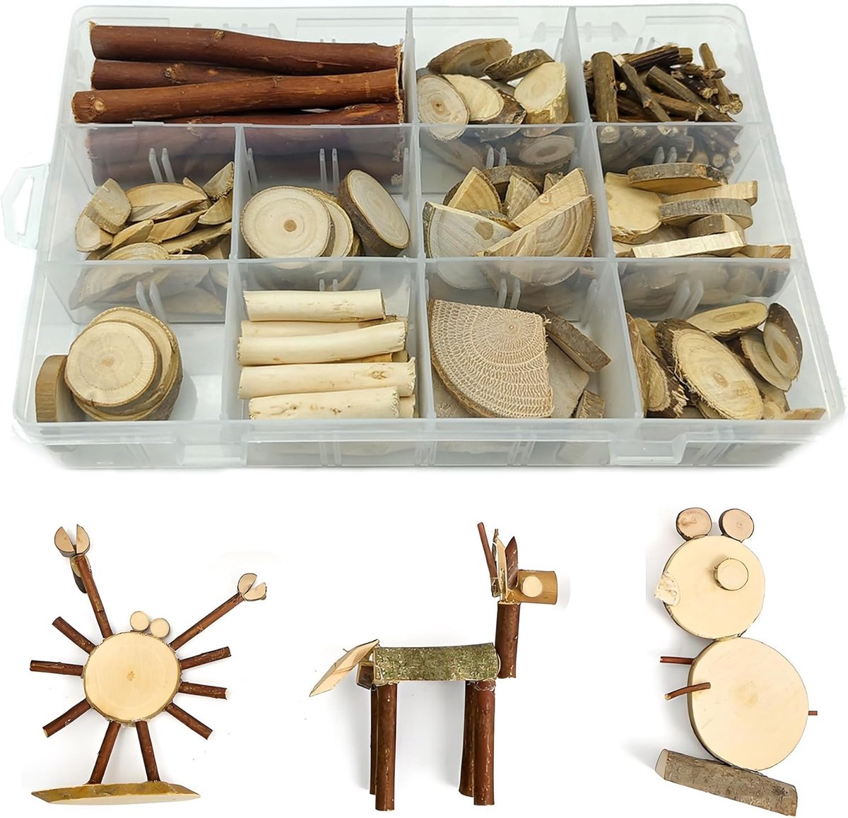 Houten schijven, knutselmateriaal, droge tak, set van gedroogde takken, voor knutselwerk, boomschijven en gedroogde takken (hout)
