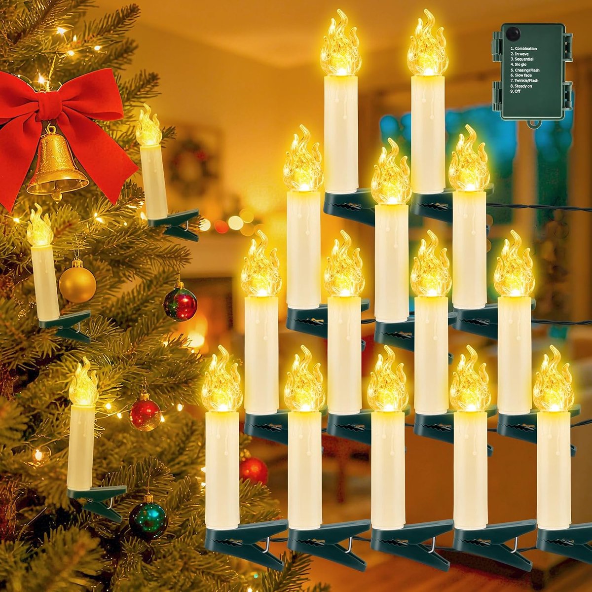 30 LED Kaarsen Kerstboom, 10M Warmwit Kerstboom Lichterketting Timer met Clip, USB Kabel, 8 Modi voor Haarden Kerstboomdecoratie