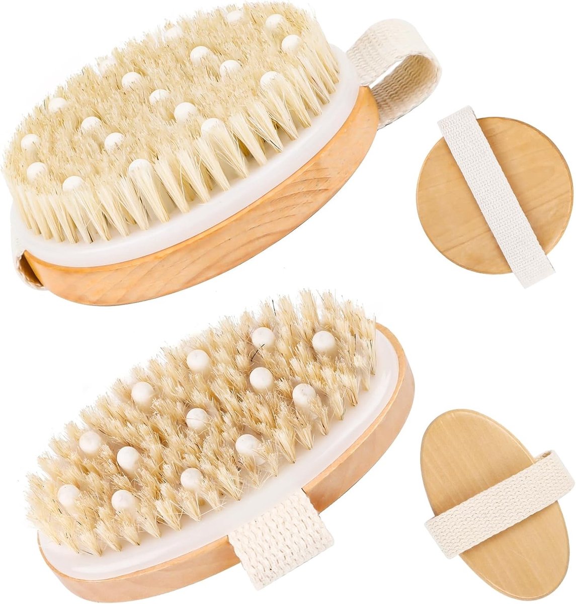 Droogborstelen voor Lymfedrainage - Set van 2 Natuurlijke Varkensharen Massageborstels voor Peeling en Verbetering van Bloedcirculatie - 11 cm Handborstel voor Lichaamsmassage en Cellulite Verzorging