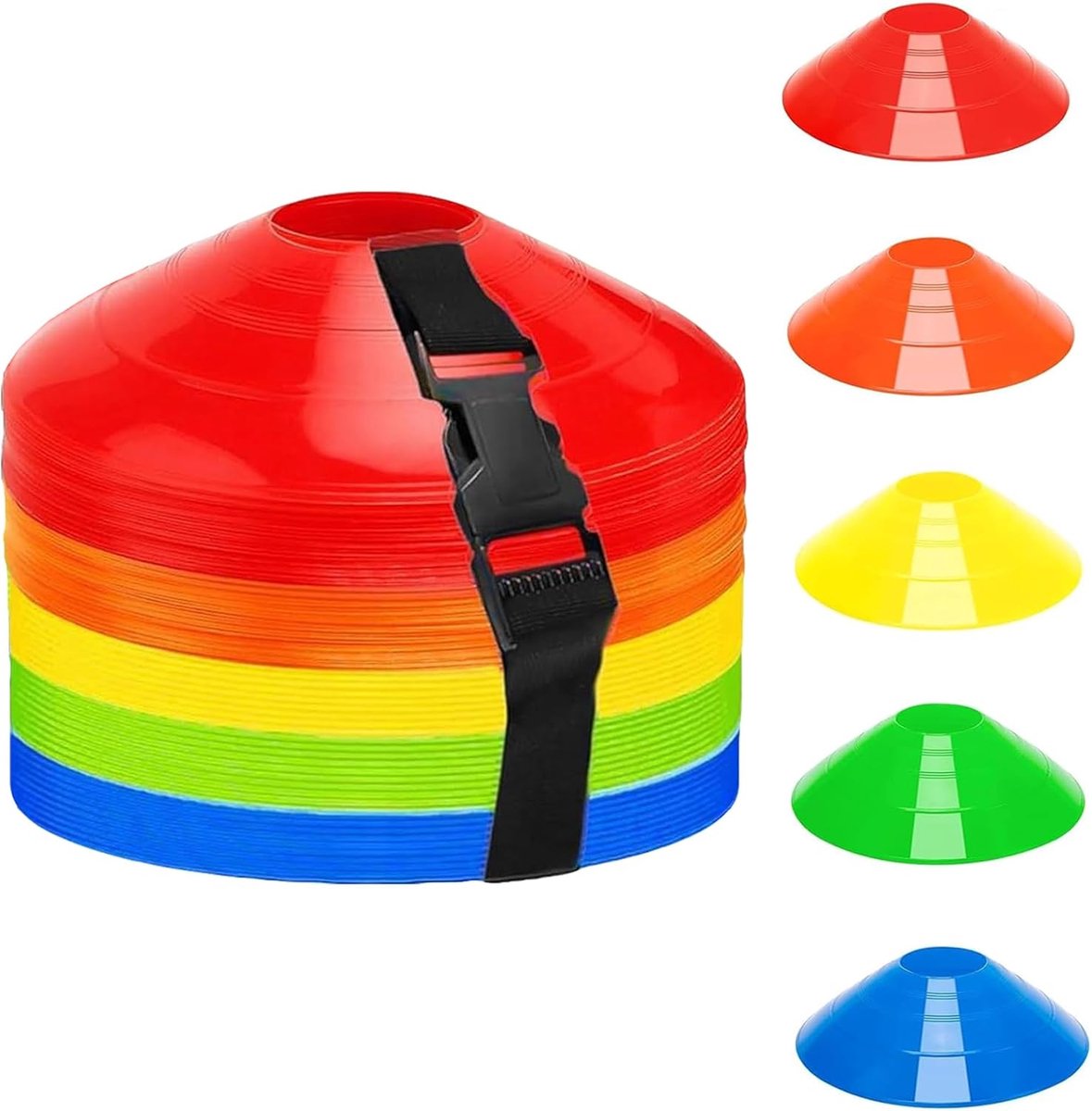 100 stuks voetbalpetjes, 5 kleuren markeringshoedjes voetbal set met riem, ronde trainingshoedjes voetbal trainingskegel voor voetbal en atletiek