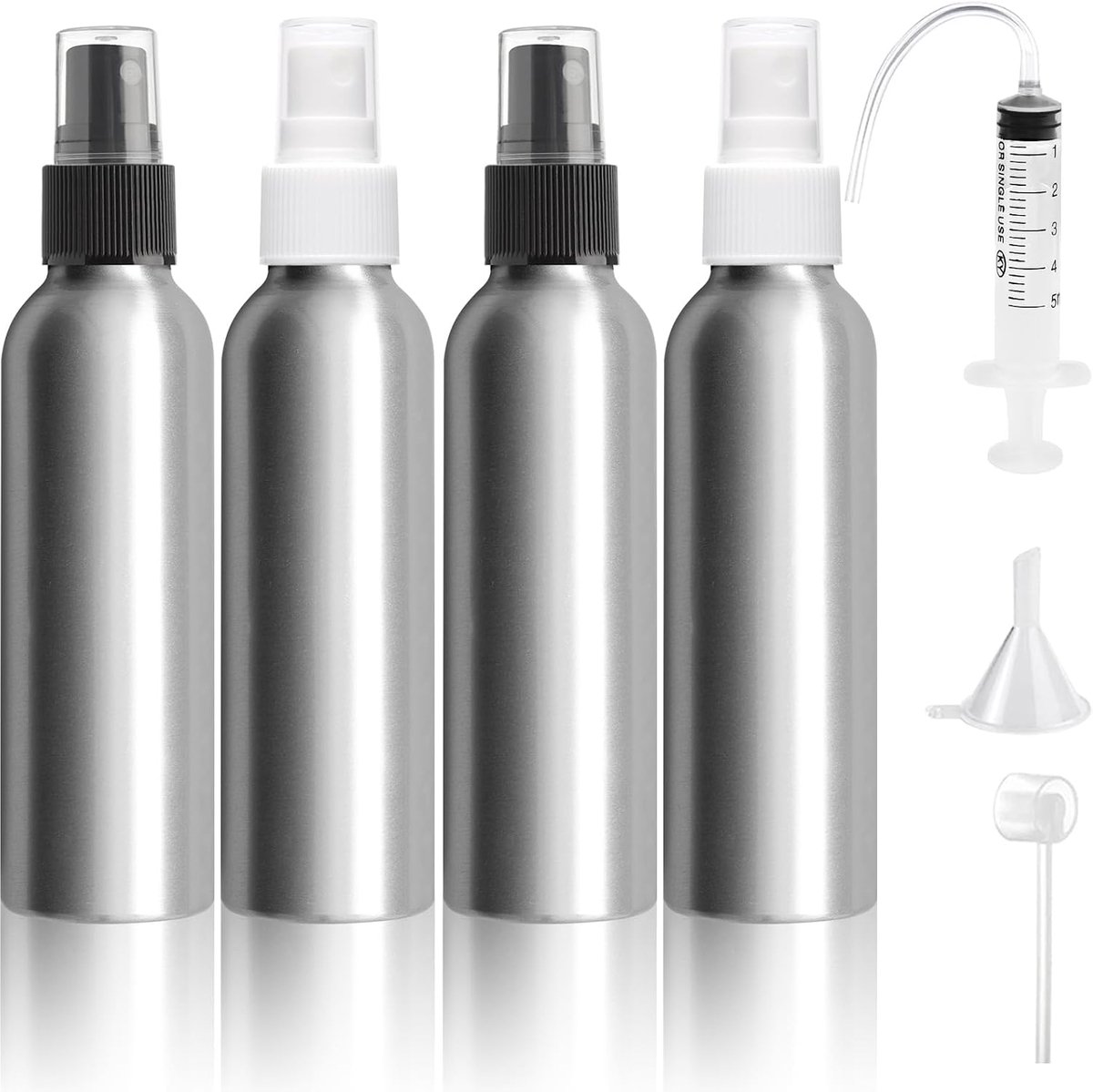 4 stuks 150ml sproeifles klein aluminium, aluminium sprayfles, verstuiver sproeifles, pompverstuiver met trechter/spuit/etiket, draagbare verstuiver parfum voor cosmetica, vloeistof