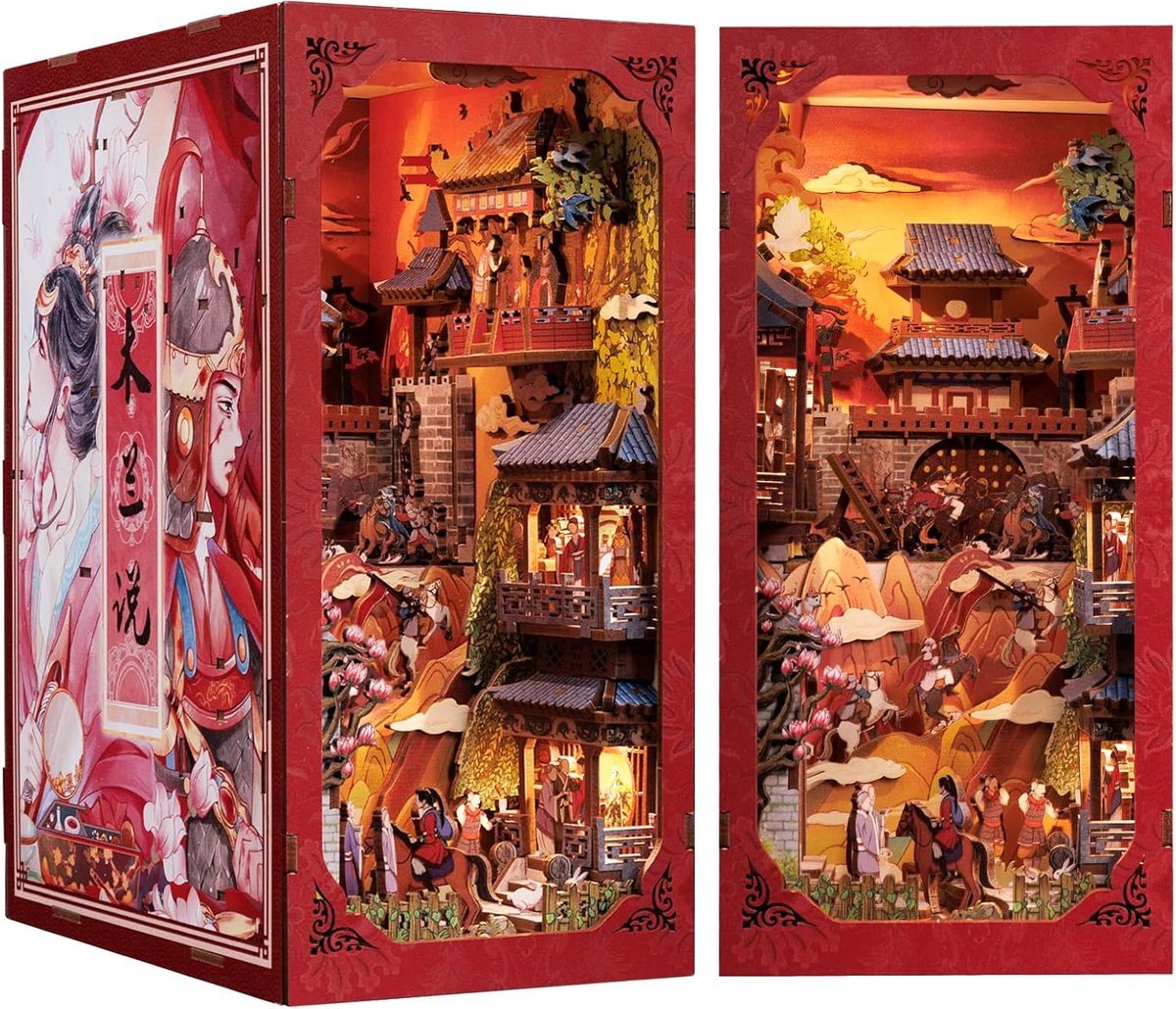 Book Nook Kit DIY poppenhuis miniatuur huis zelf bouw bouwpakket met stofkap en LED-licht, Booknook modelbouwsets voor volwassenen (The Legend of Mulan)