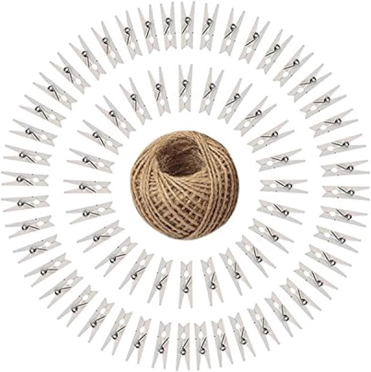 100 Mini Houten Haringen - 3,5 cm Fotodisplay Clips - Kleine Wasknijpers Met 30 M Jute Koord Voor Kunst, Ambachten, Bruiloften en Evenementen