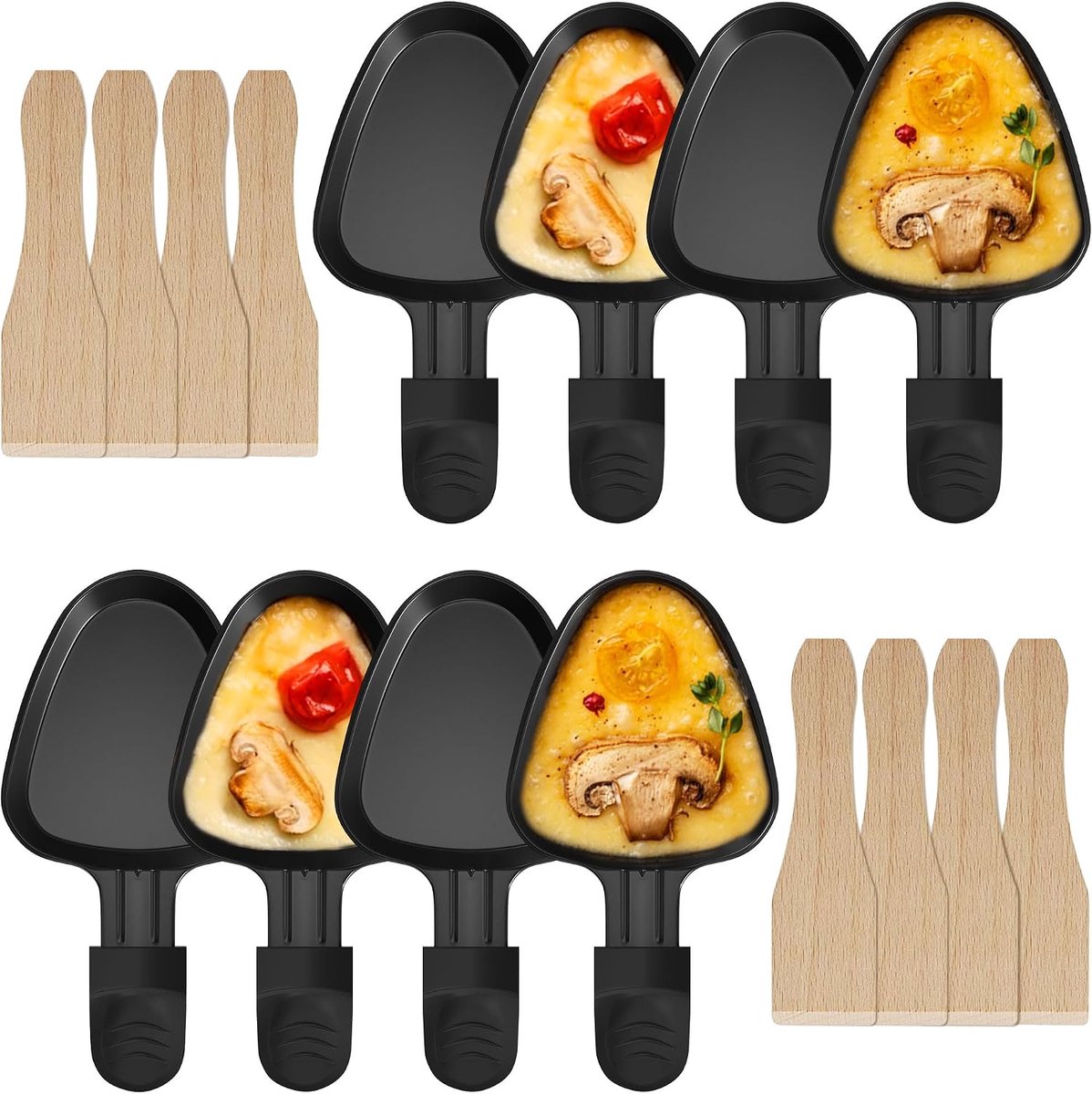 Set van 8 driehoekige gourmetpannetjes met zwarte handgrepen + houten spatel, professionele antiaanbaklaag, 18,34 cm, innovatief design
