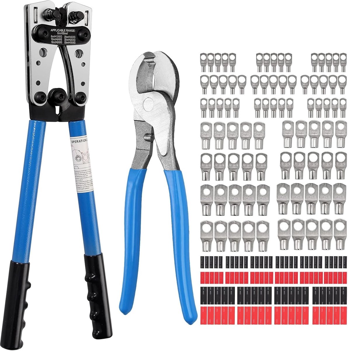 Krimptang, 6-50 mm², met draadstripper elektrische klemmen met koperen ring en krimpkous, verstelbaar krimpgereedschap, 10-0 AWG, voor kabelschoenen