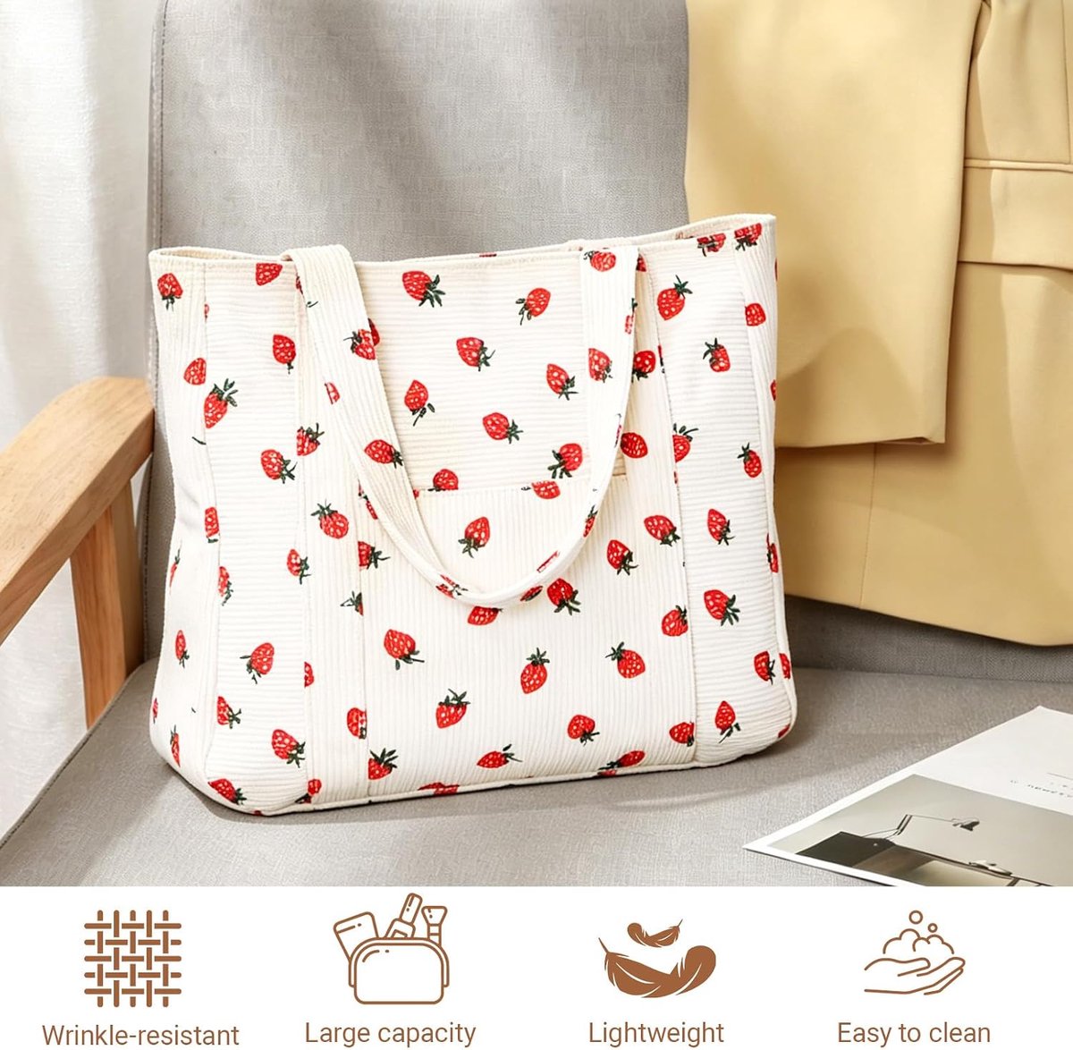 Corduroy draagtas voor dames, aardbeien, wit, schattige corduroy tas met ritssluiting, shopper handtas & schoudertas voor werk, school, strand, winkelen
