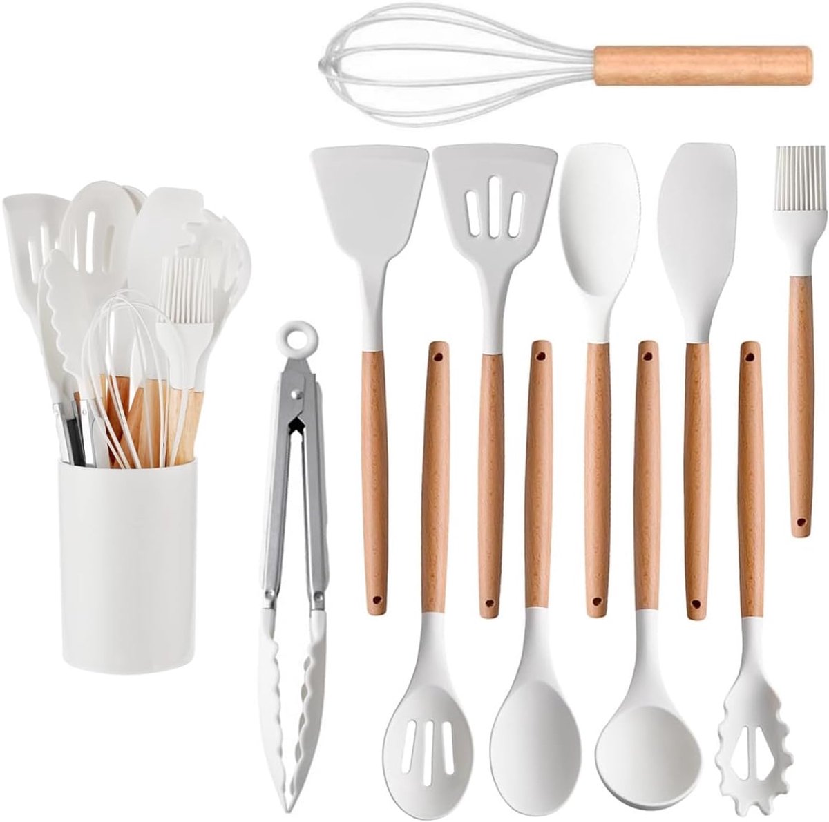 set van 12 keukengerei, siliconen en houten handgrepen, hittebestendig, anti-aanbaklaag en gemakkelijk te reinigen, siliconen spatel, kookgerei, vaatwasmachinebestendig (wit)