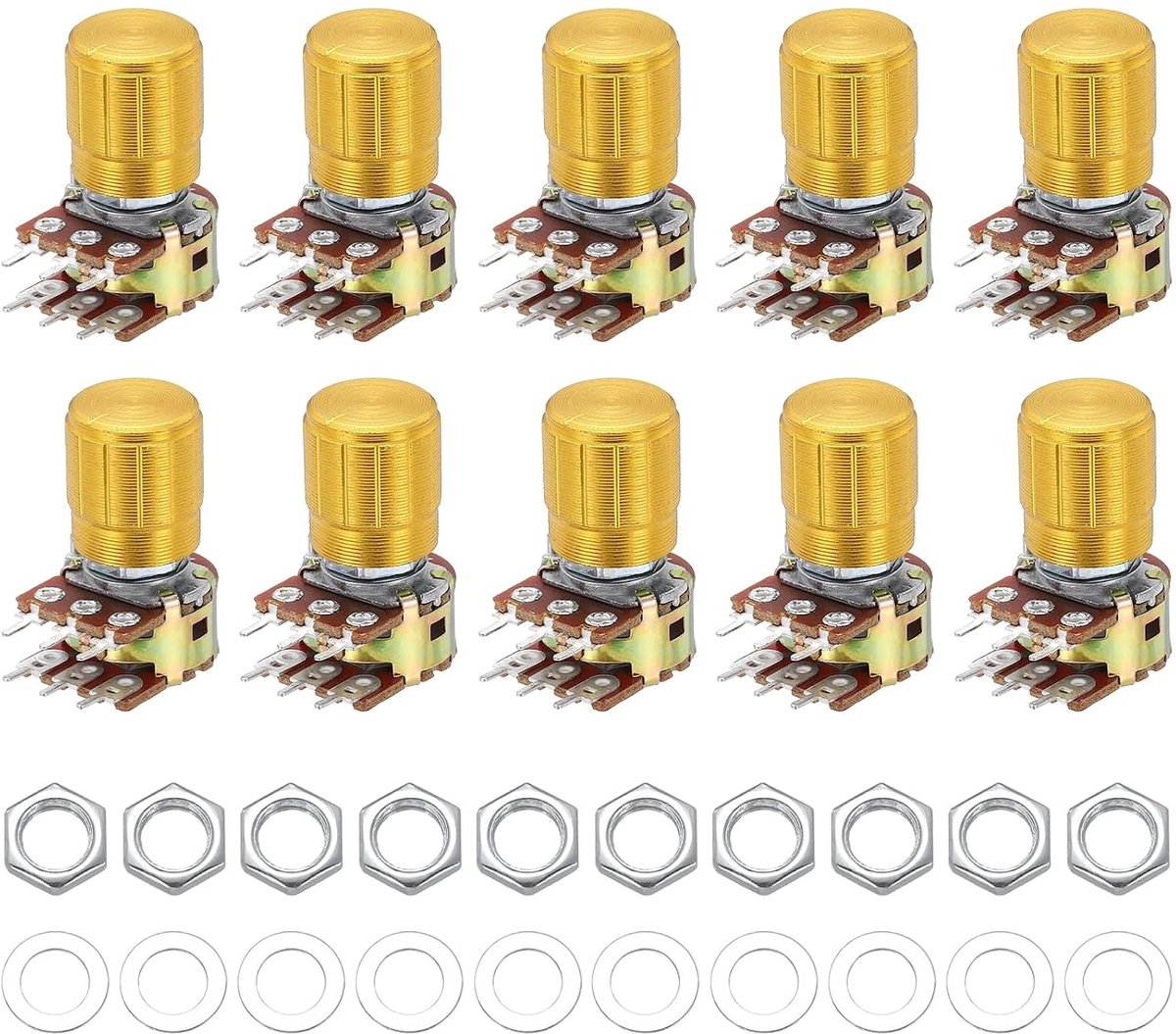 10-delige set WH148 B2K Ohm potentiometer kit 6-pins split schacht roterende lineaire dubbele taper roterende audio potentiometer met draaiknop moer en sluitring 15 mm schacht goud