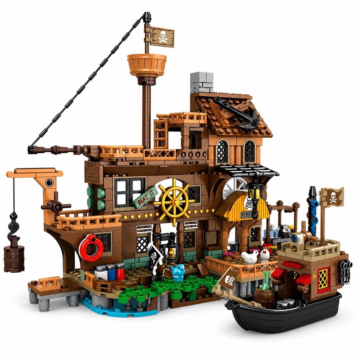 K&R Ventures® Piratenhaven Bouwset – 573 Bouwstenen - Piratenschip & Haven - Bouwpakket - Displaymodel - Cadeau voor Kinderen & Volwassenen