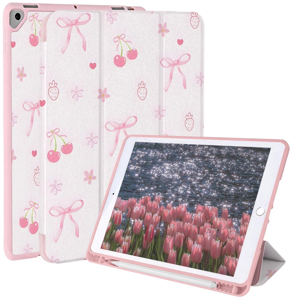 Omgoods - Beschermende Case voor iPad 10.2 & 10.5 Inch - Met Penhouder en Driehoekige Standfunctie, Cherry Butterfly Knot
