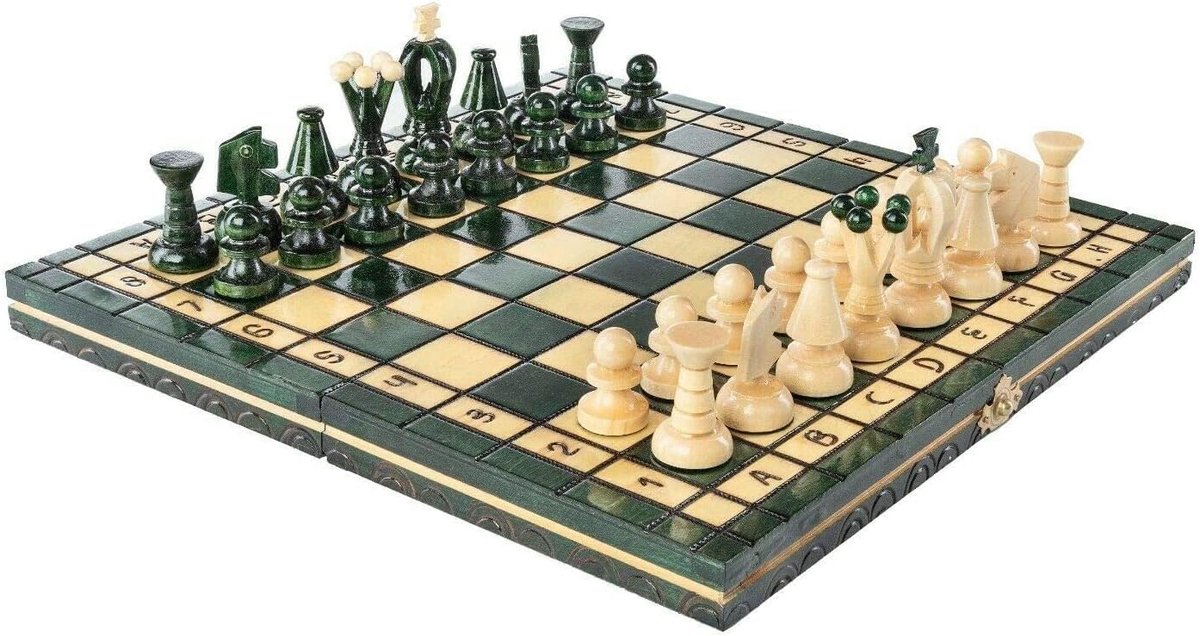 mooi schaakspel van hout met houten plank en handgemaakte schaakfiguren, cadeau-idee, 32 cm, groen