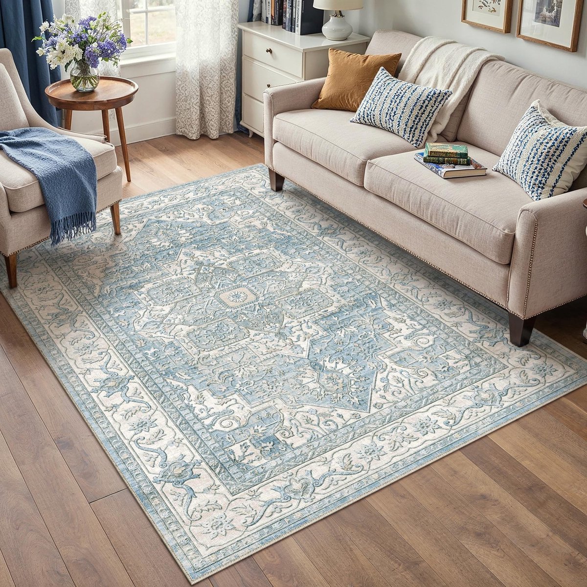 Omgoods - Vintage Blauw Vloerkleed 120x170cm - Antislip en Wasbaar