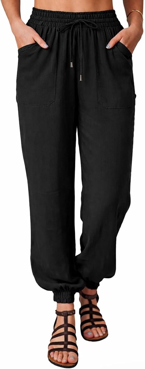 Harembroek met manchetten en trekkoord voor dames, met 4 zakken, effen, losse loungewear, enkelbroek, taps toelopende broek, werk, casual, yoga