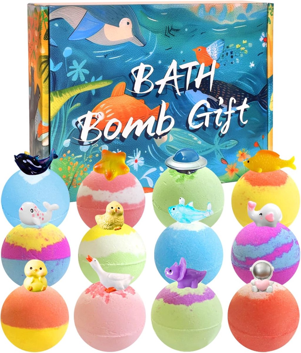 Belbadbollen voor Kinderen, 12 Stuks Badbommen met Land, Zee en Lucht Verrassing, Organische Natuurlijke Badbal Badbommen Spa Bad, Badbommen Cadeauset Handgemaakte Spa Fizzies Badbom voor Verjadag