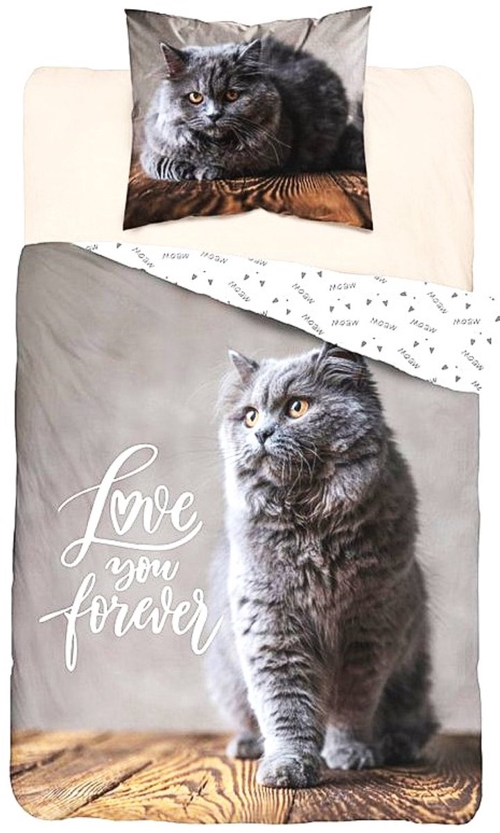 1-persoons kinder dekbedovertrek (dekbed hoes) grijs met lieve POES / kat / kater / kitten op een houten plank (tafel) KATOEN eenpersoons 140 x 200 cm (dieren beddengoed kinderkamer, unisex)