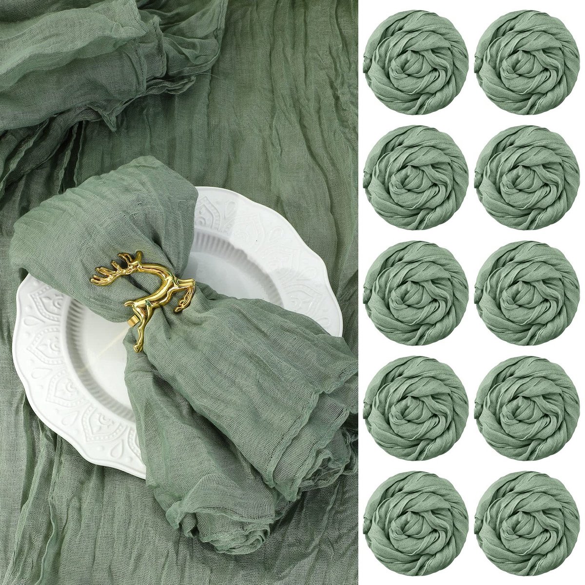SnelShoppen - 100 stuks gaas kaasdoek servetten 45 x 45 cm gerimpeld decoratief saliegroen dinerdoek servetten voor bruiloft, rustieke tafeldecoratie,