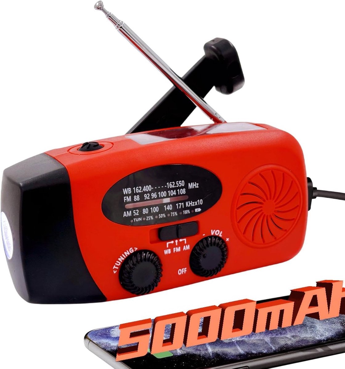 SnelShoppen - 5000mAh Wind Up Solar Radio, Noodweer Crank Radio met Zaklamp, NOAA/FM/AM Zonne Radio, Draagbare Overlevingsradio met SOS, USB Mobiele T