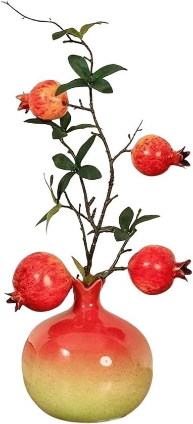 Kleine keramische vaas met nepfruit, kunstmatige granaatappel takken voor tafeldecoratie, rood, perfect voor thuis en op kantoor
