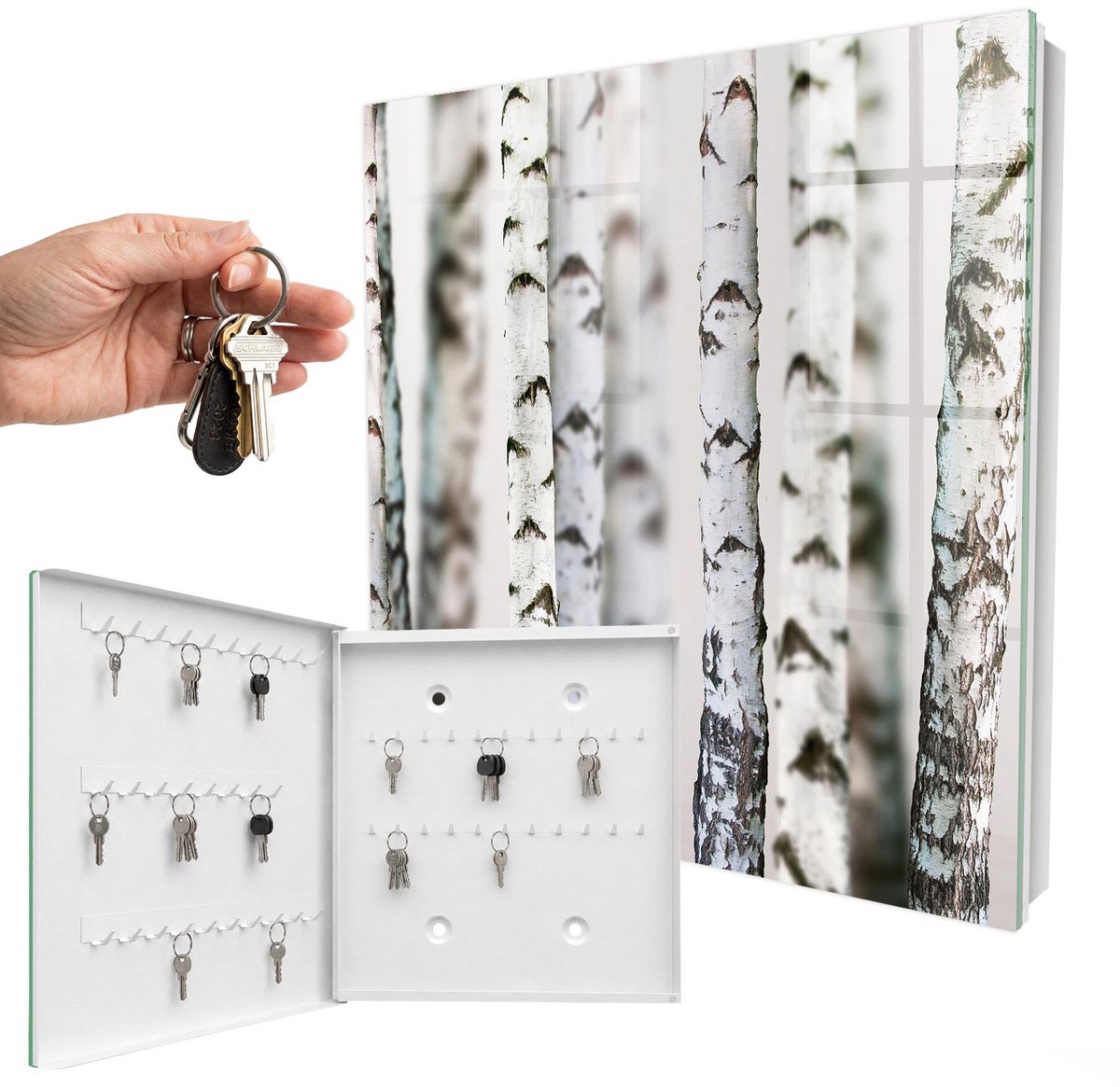 WallMuralia - Sleutelkast - 30x30x5 cm - met 50 haken - Berkenstammen Design Sleutelkastje - Wit Sleutelbox - Linksopenend - Wit interieur