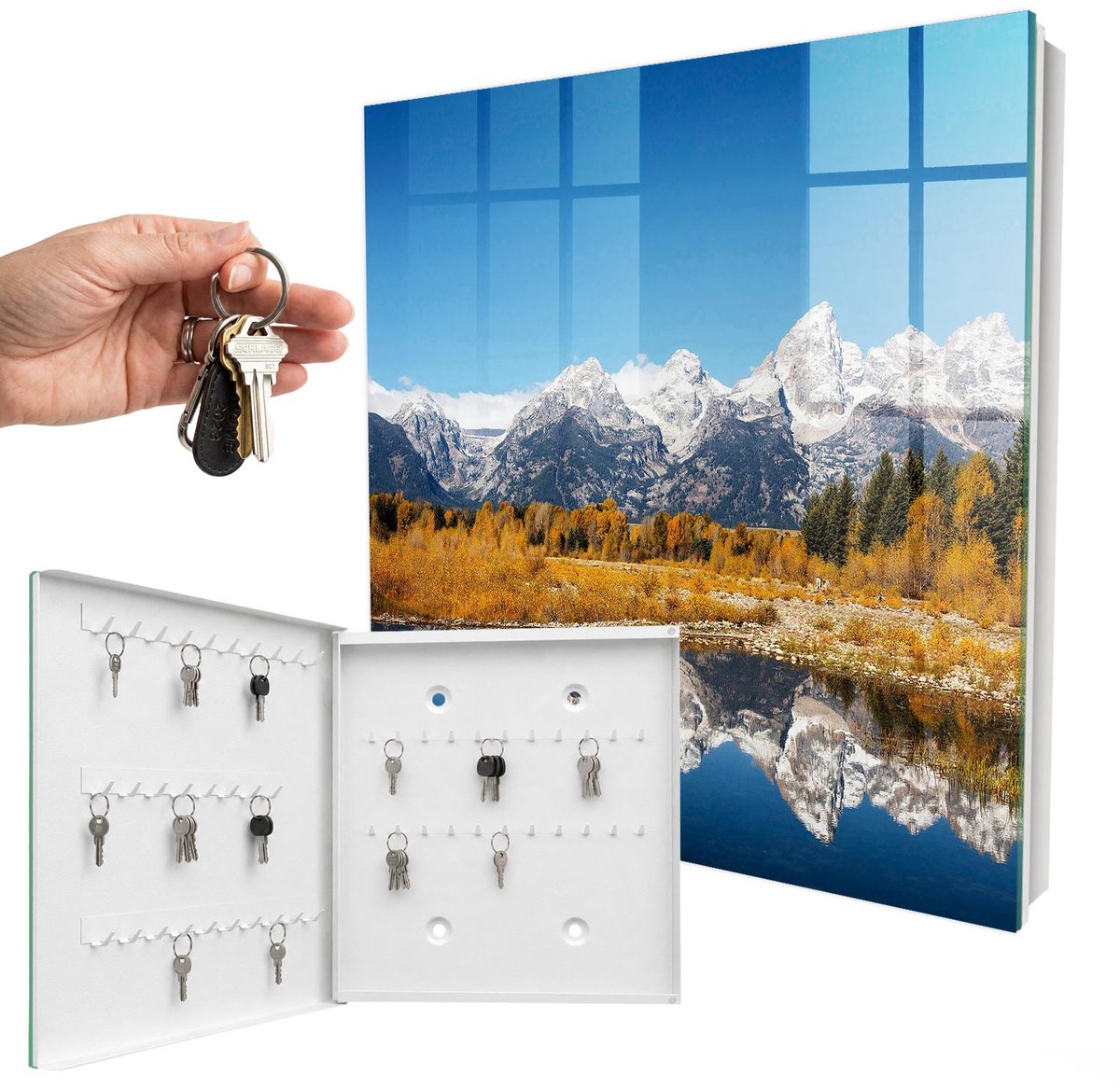 WallMuralia - Sleutelkast - 30x30x5 cm - met 50 haken - Gouden Herfst Sleutelkastje Muur - Blauw Sleutelbox - Linksopenend - Wit interieur