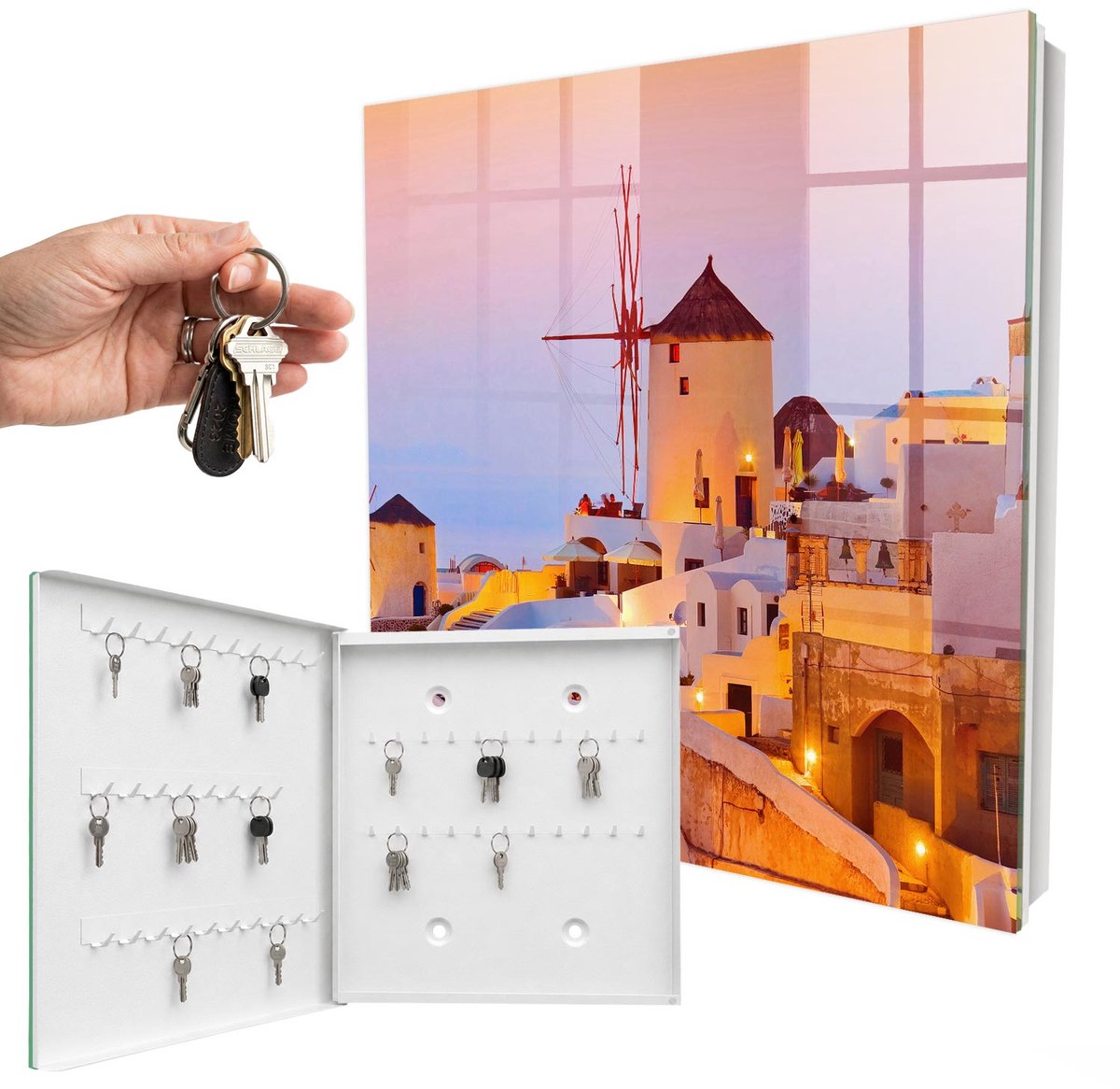 WallMuralia - Sleutelkast - 30x30x5 cm - met 50 haken - Grieks Eiland Sleutelkastje Gang - Wit Sleutelbox - Linksopenend - Wit interieur