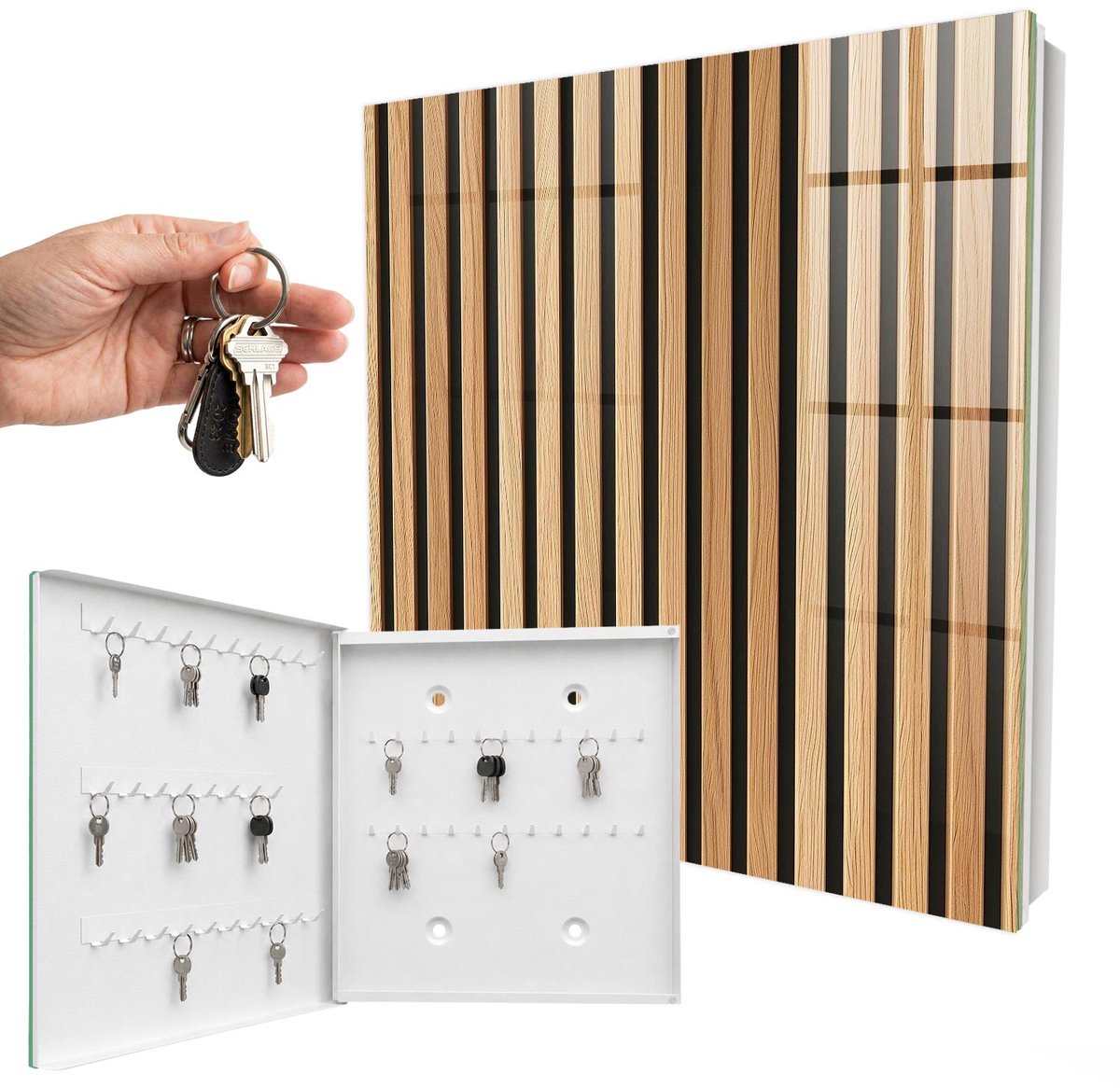 WallMuralia - Sleutelkast - 30x30x5 cm - met 50 haken - Verticale Strepen Leuk Sleutelkastje - Bruin Sleutelbox - Linksopenend - Wit interieur
