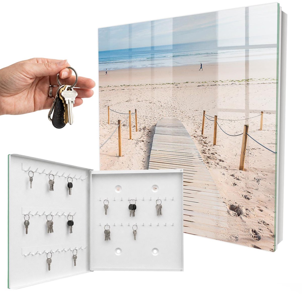 WallMuralia - Sleutelkast - 30x30x5 cm - met 50 haken - Zeestrand Sleutelkastje Muur - Beige Sleutelbox - Linksopenend - Wit interieur