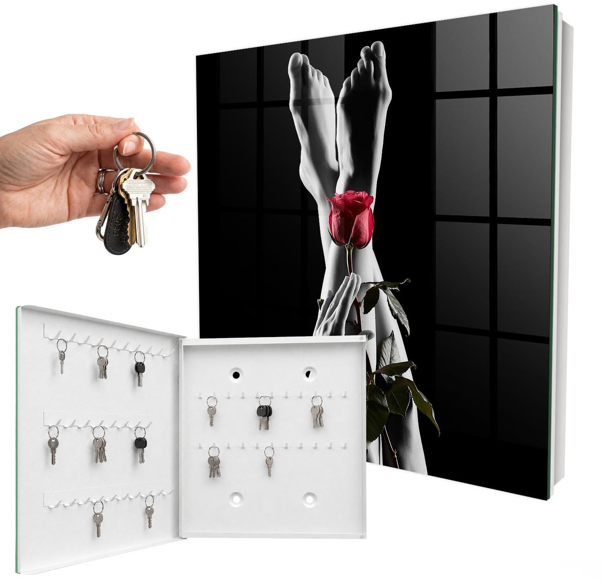 WallMuralia - Sleutelkast - 30x30x5 cm - met 50 haken - De Elegantie Van Een Roos Leuk Sleutelkastje - Zwart Sleutelbox - Linksopenend - Wit interieur