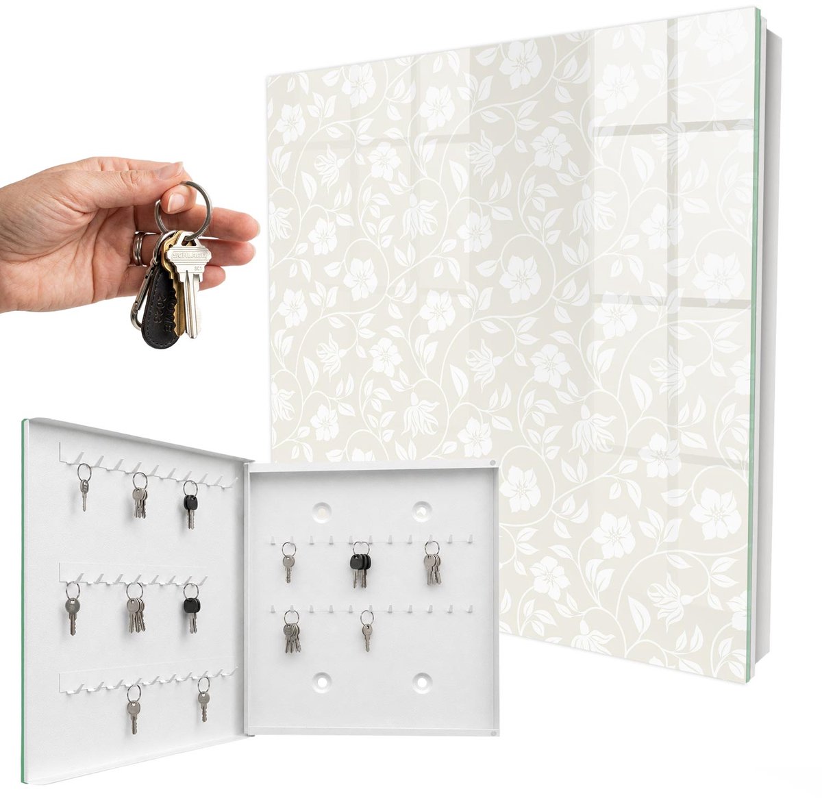 WallMuralia - Sleutelkast - 30x30x5 cm - met 50 haken - Bloemenpatroon Sleutelkastje - Beige Sleutelbox - Linksopenend - Wit interieur