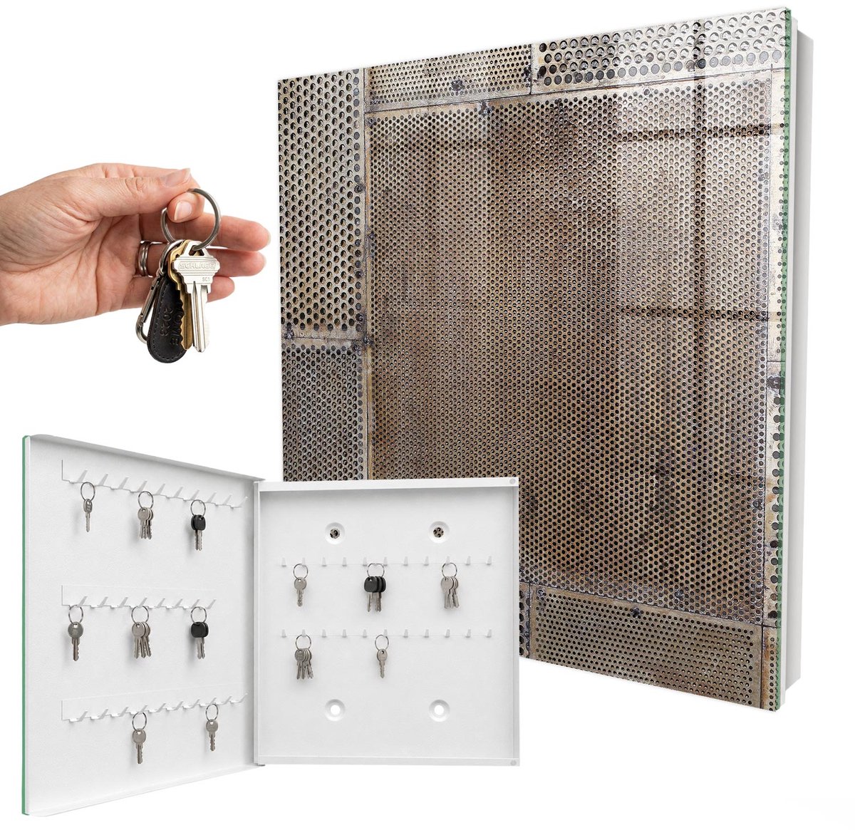 WallMuralia - Sleutelkast - 30x30x5 cm - met 50 haken - Industrieel Patroon Sleutelkastje Design - Bruin Sleutelbox - Linksopenend - Wit interieur