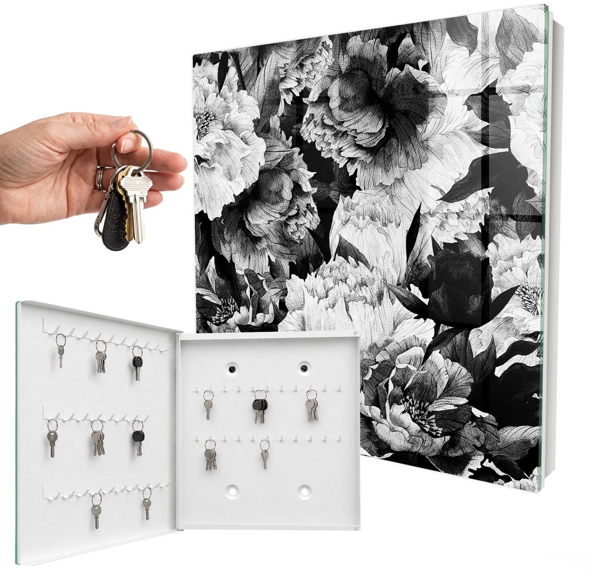 WallMuralia - Sleutelkast - 30x30x5 cm - met 50 haken - Zwart-Witte Bloemen Sleutelkastje Hal - Grijs Sleutelbox - Linksopenend - Wit interieur