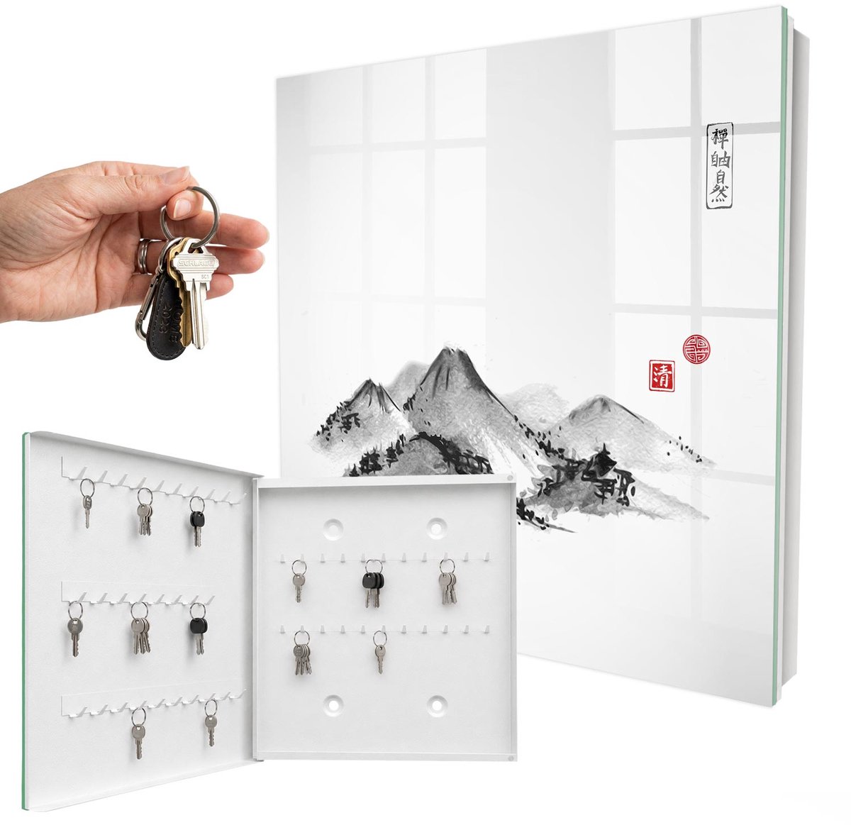 WallMuralia - Sleutelkast - 30x30x5 cm - met 50 haken - Japanse Bergen Sleutelkastje Modern - Wit Sleutelbox - Linksopenend - Wit interieur