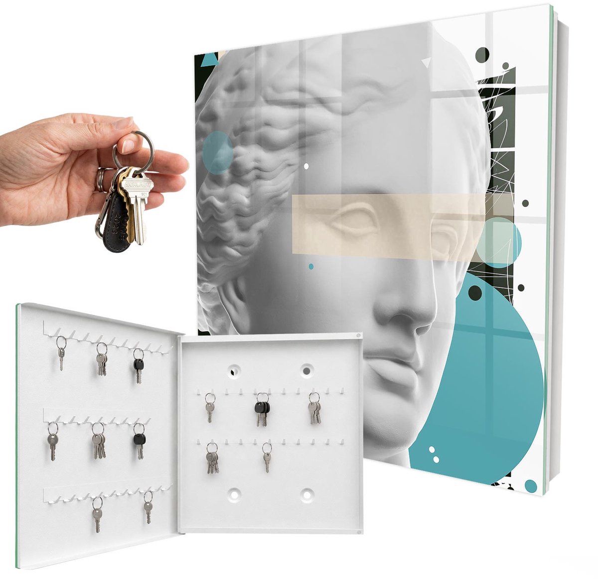 WallMuralia - Sleutelkast - 30x30x5 cm - met 50 haken - Moderne Kunst Sleutelkastje Klein - Wit Sleutelbox - Linksopenend - Wit interieur