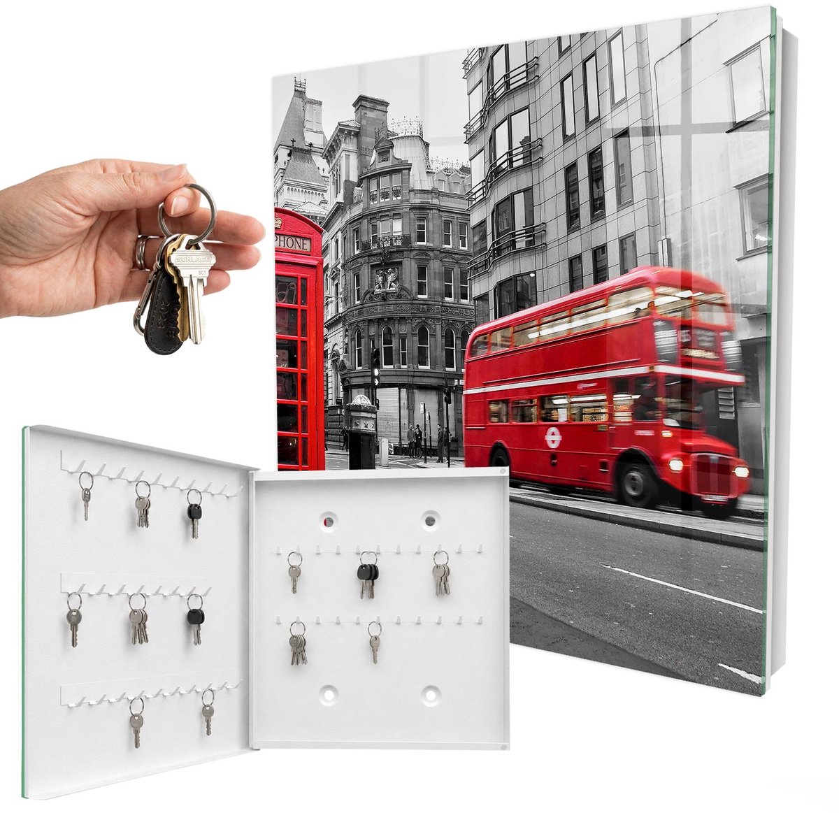 WallMuralia - Sleutelkast - 30x30x5 cm - met 50 haken - Londen Contrast Sleutelkastje Gang - Rood Sleutelbox - Linksopenend - Wit interieur