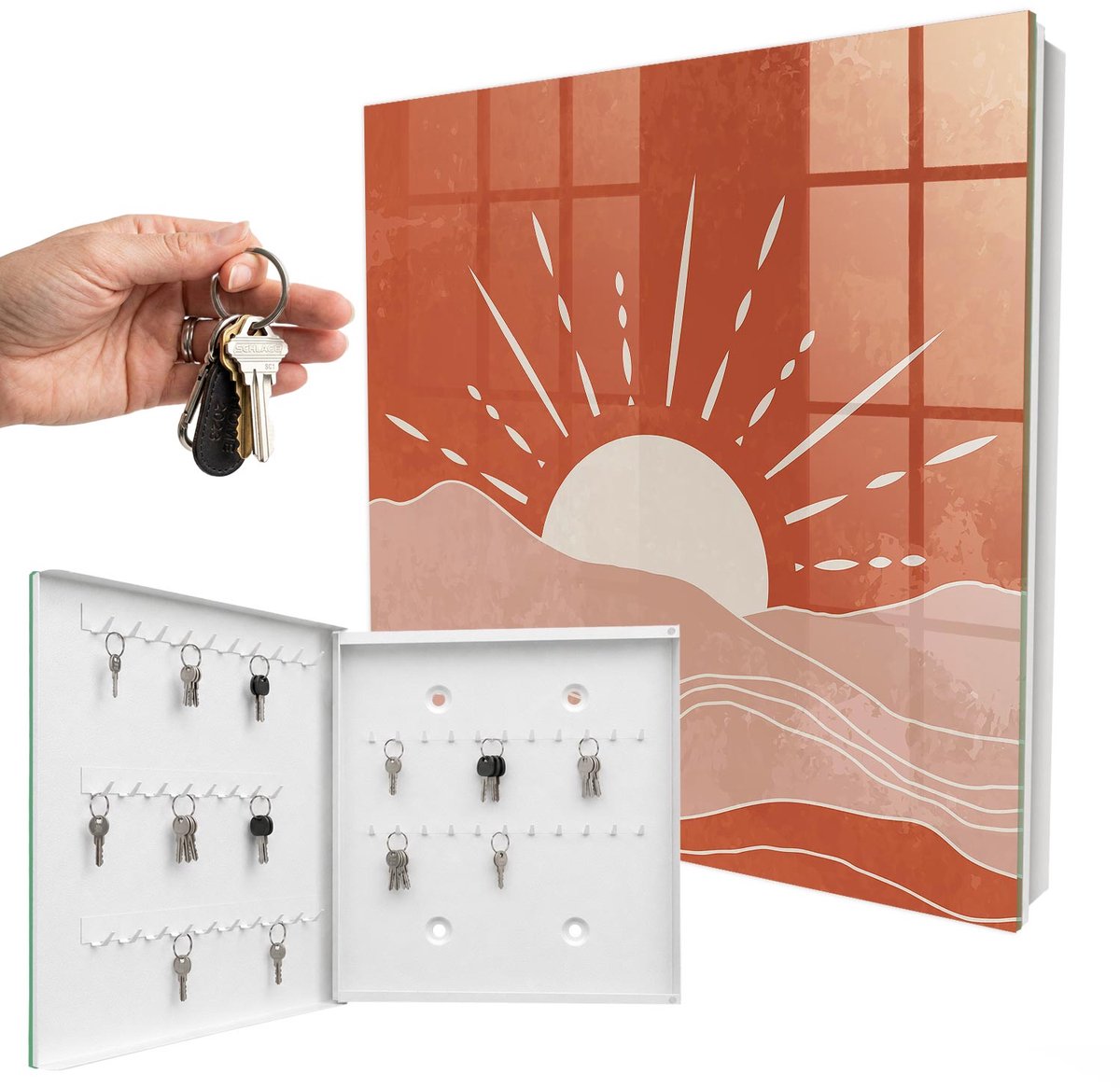 WallMuralia - Sleutelkast - 30x30x5 cm - met 50 haken - Oranje Dageraad Sleutelkastje Gang - Oranje Sleutelbox - Linksopenend - Wit interieur