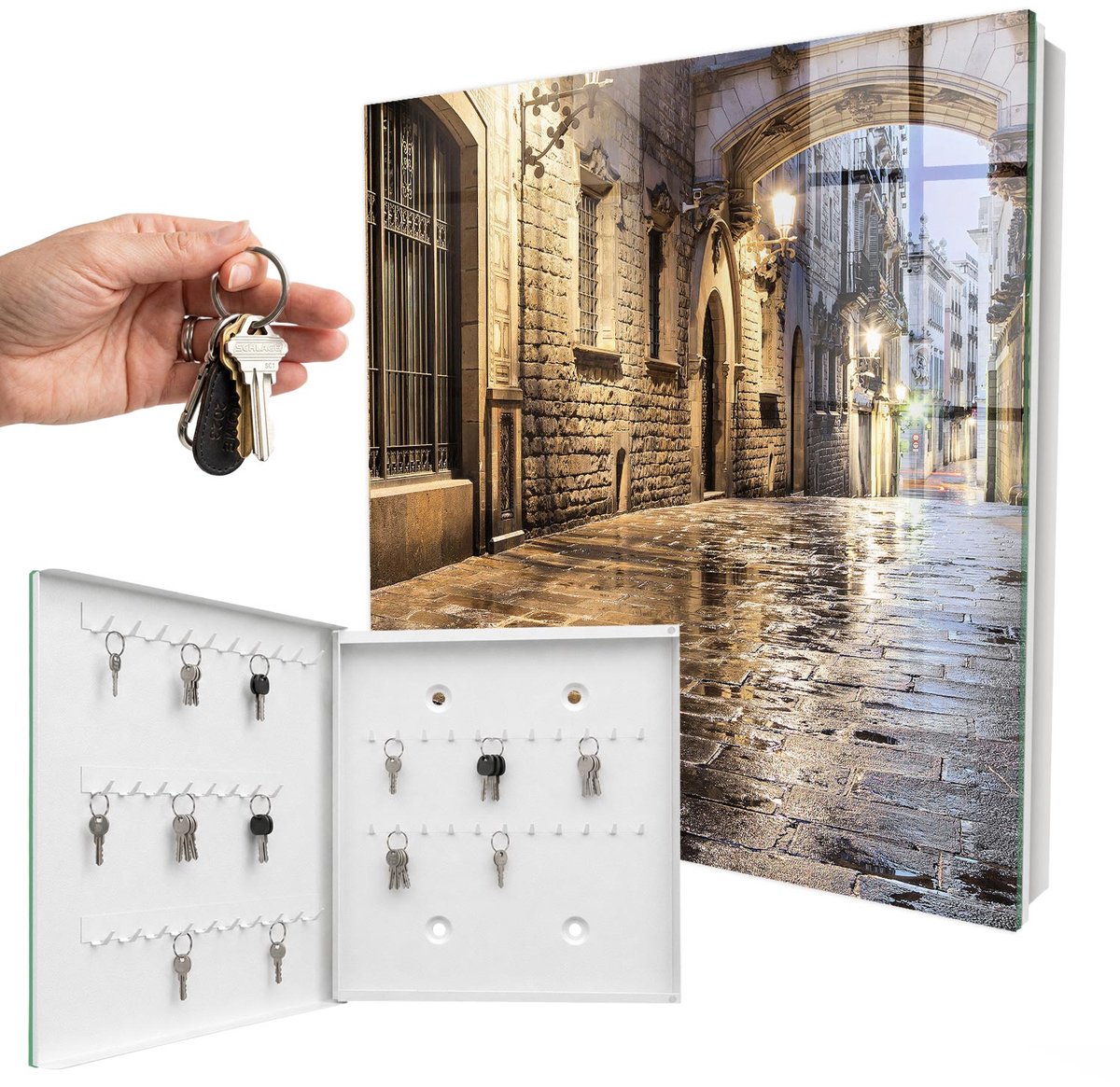 WallMuralia - Sleutelkast - 30x30x5 cm - met 50 haken - Nachtelijke Straat Sleutelkastje Industrieel - Grijs Sleutelbox - Linksopenend - Wit interieur